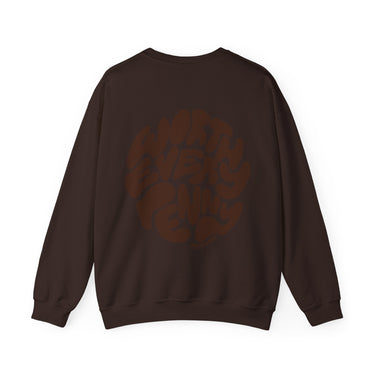 Dark brown sweatshirt displayed from the back on a white background, adorned with a central circular graphic featuring bubbly, retro-style text that reads WORTH EVERY PENNY