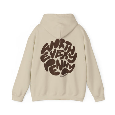 Hoodie by @ensowax a light beige pullover hoodie featuring a large circular bubbly brown graphic on the back that reads WORTH EVERY PENNY