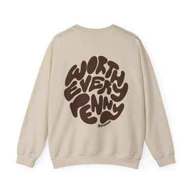 ensowax brand apparel beige crewneck sweatshirt featuring a large brown circular graphic with the groovy text WORTH EVERY PENNY and the @ensowax signature