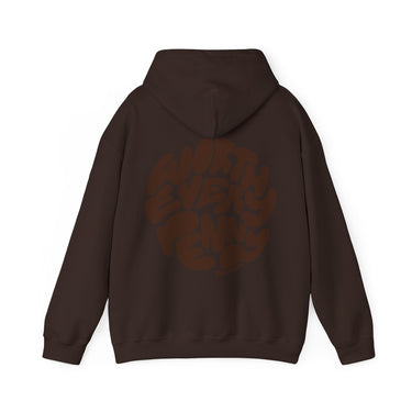 Dark brown hoodie shown from the back, featuring a large circular graphic with WORTH EVERY PENNY in lighter brown bubbly letters